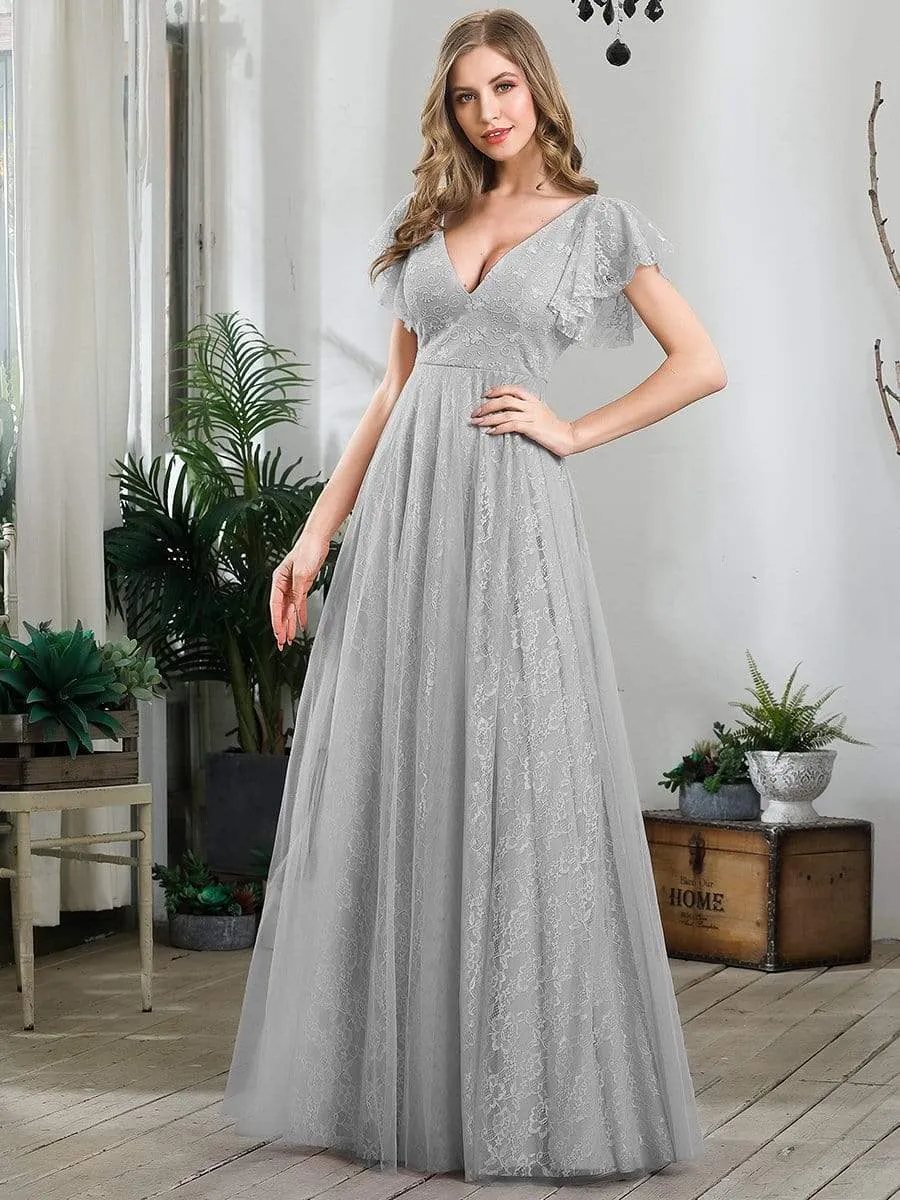 Double V Neck Long Lace Evening Dress with Ruffle Sleeves