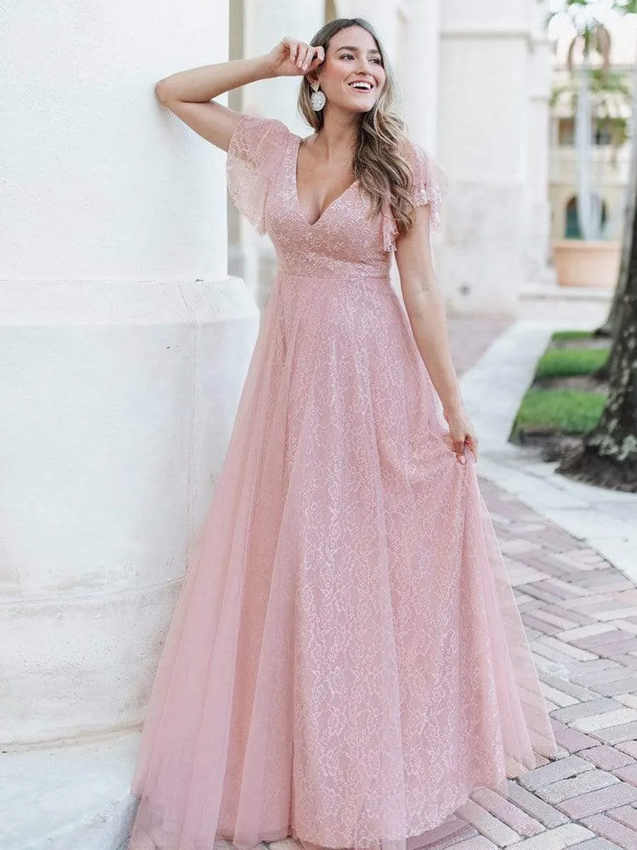 Double V Neck Long Lace Evening Dress with Ruffle Sleeves