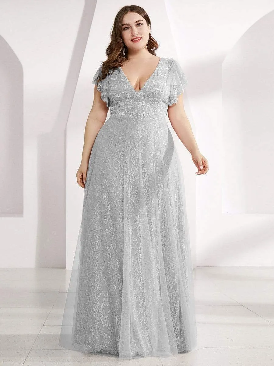 Double V Neck Long Lace Evening Dress with Ruffle Sleeves