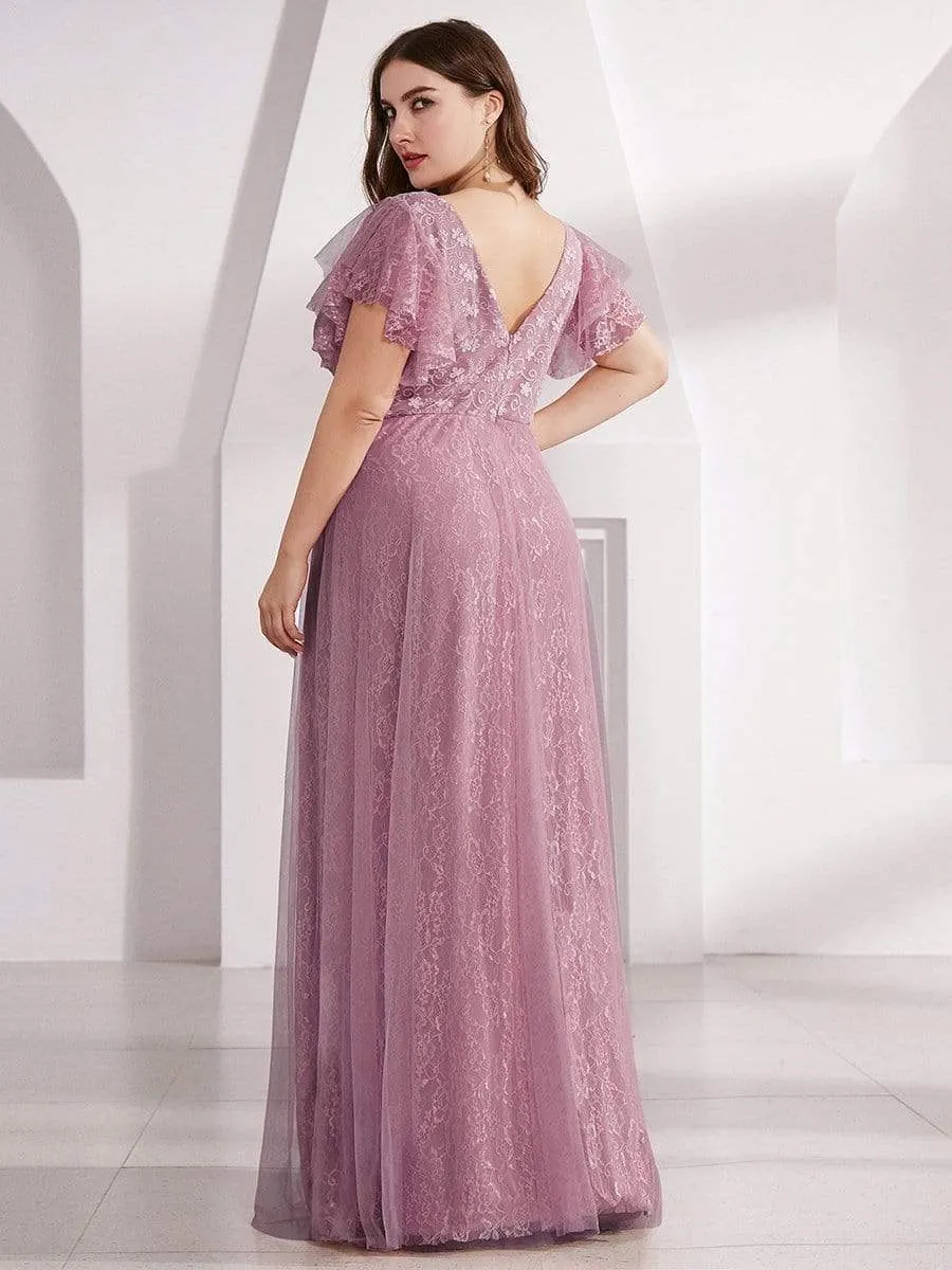 Double V Neck Long Lace Evening Dress with Ruffle Sleeves