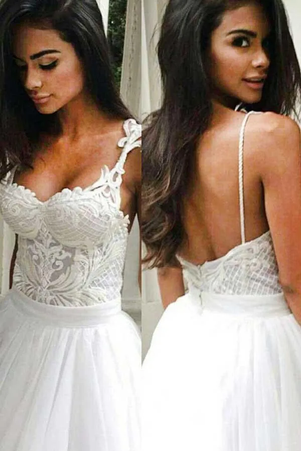 Elegant Sweep Train Backless Wedding Dress with Lace Top Spaghetti Straps WD271