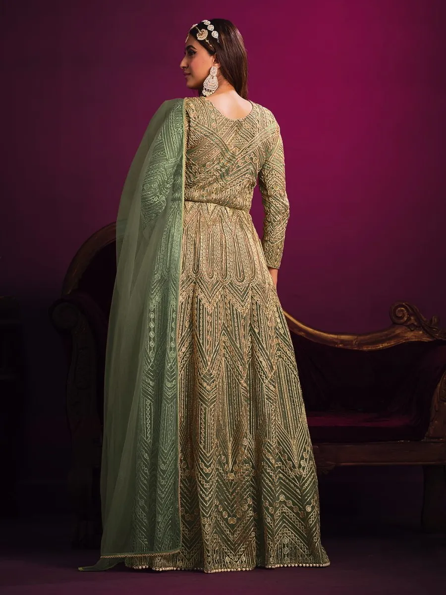 Enthralling Sea Green Net Embroidered Festive Gown