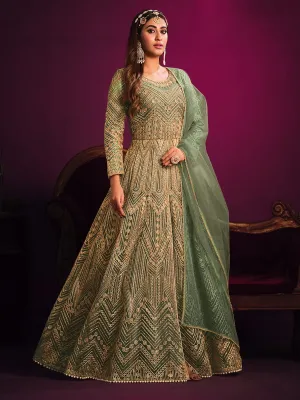 Enthralling Sea Green Net Embroidered Festive Gown