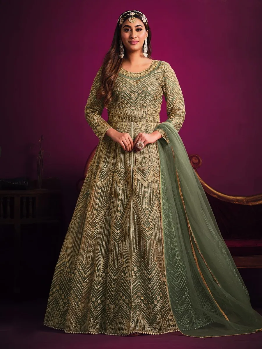 Enthralling Sea Green Net Embroidered Festive Gown