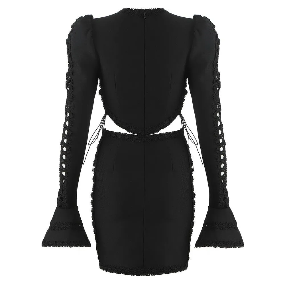 FAYE Tie Cut Out Mini Long Sleeve Round Neck Bandage Dress