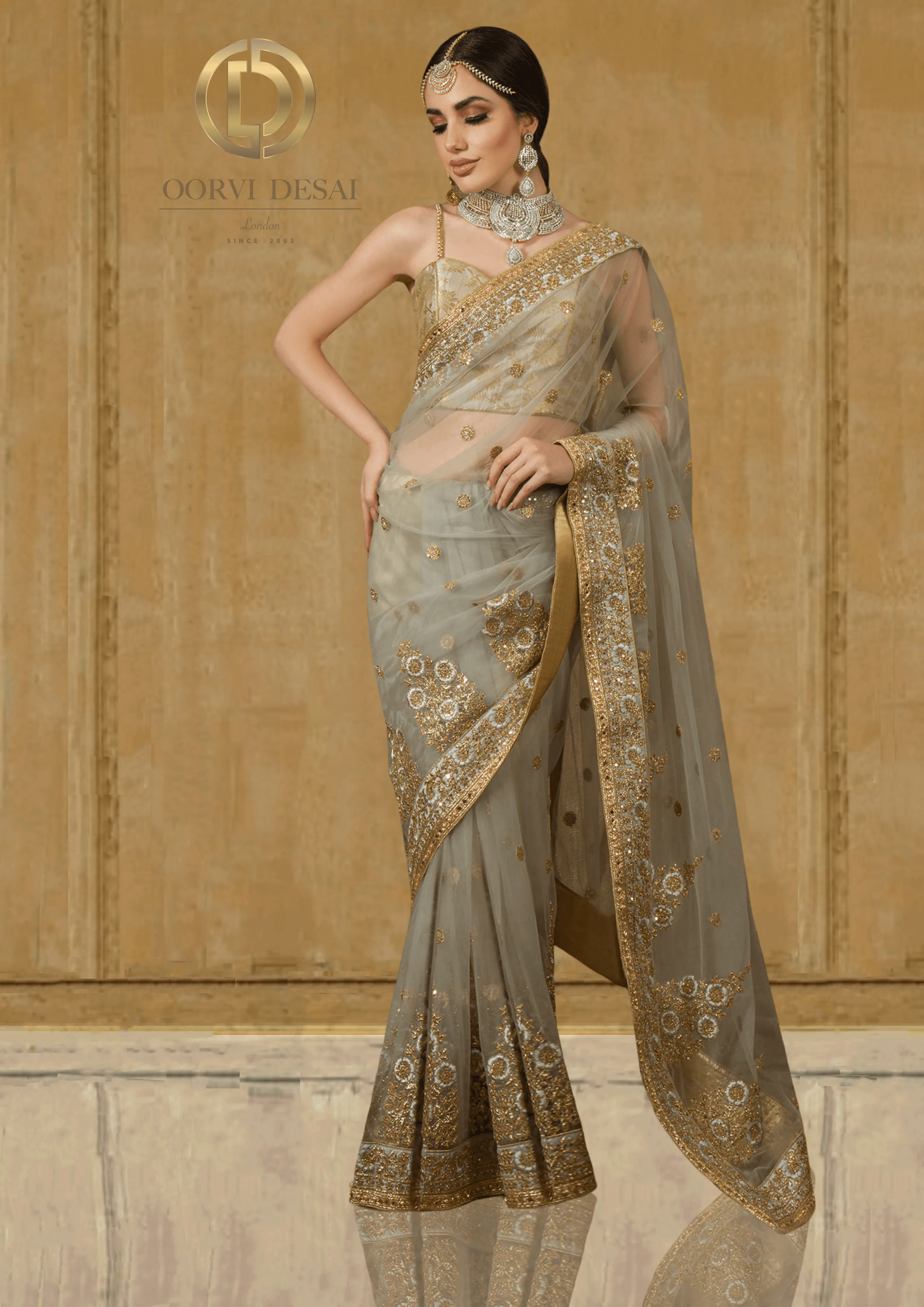 Fossil Grey Net Sari with Gold & Silver Resham Work