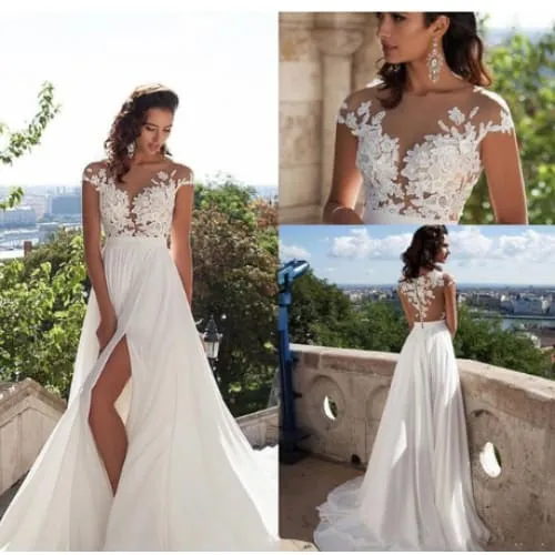 Front Split Hem Embroidery Lace Bodice Wedding Dress