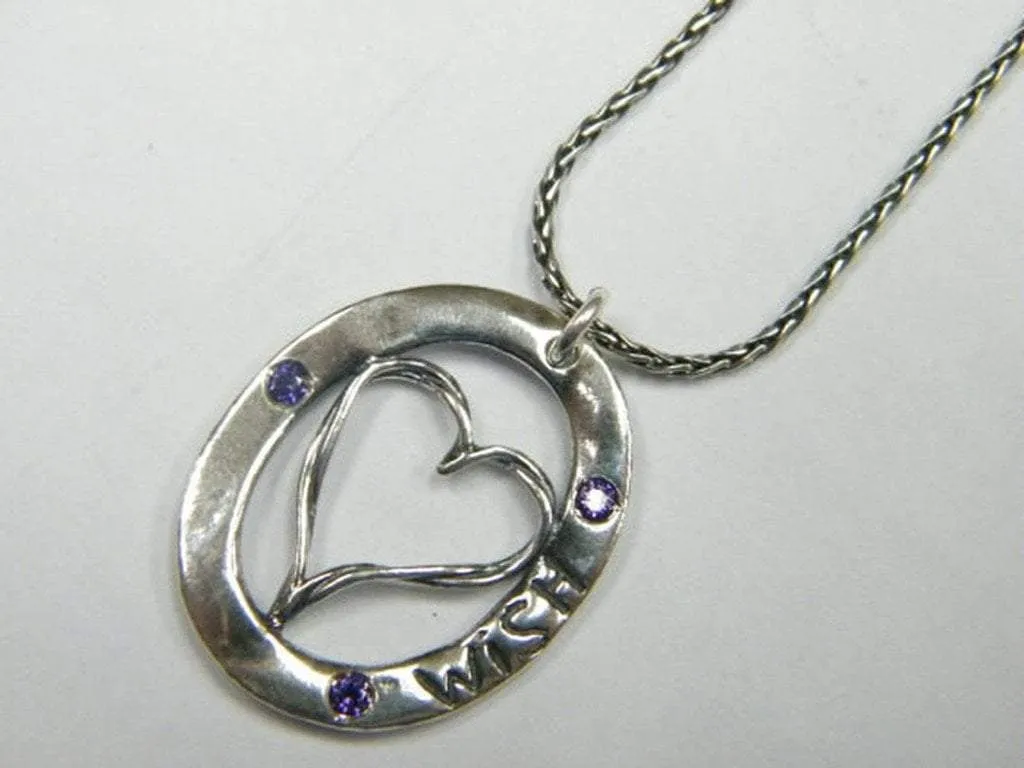 Heart necklace with CZ zircons engraved "wish" love jewelry