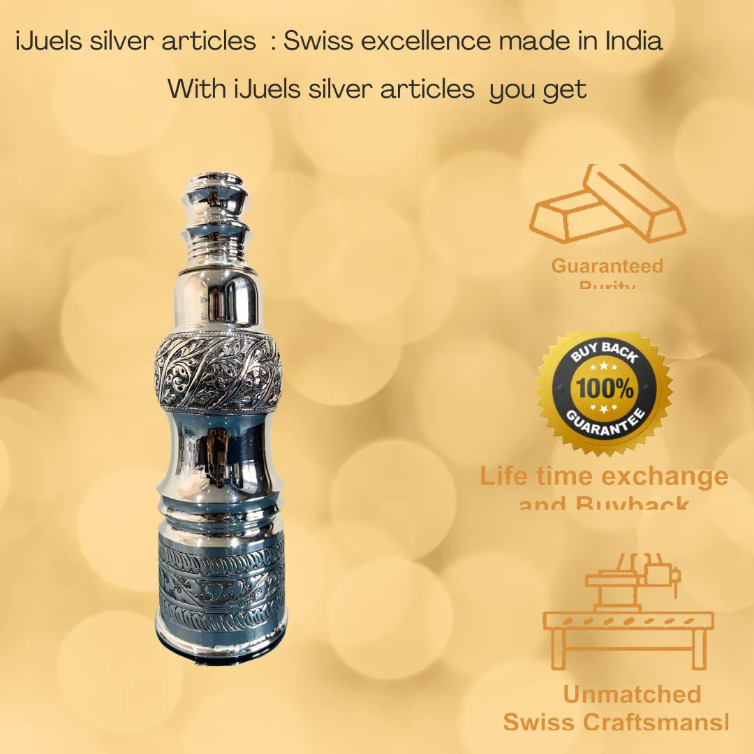 iJuels 92.5% pure silver water bottle one litre capacity. Comes with certificate of Purity