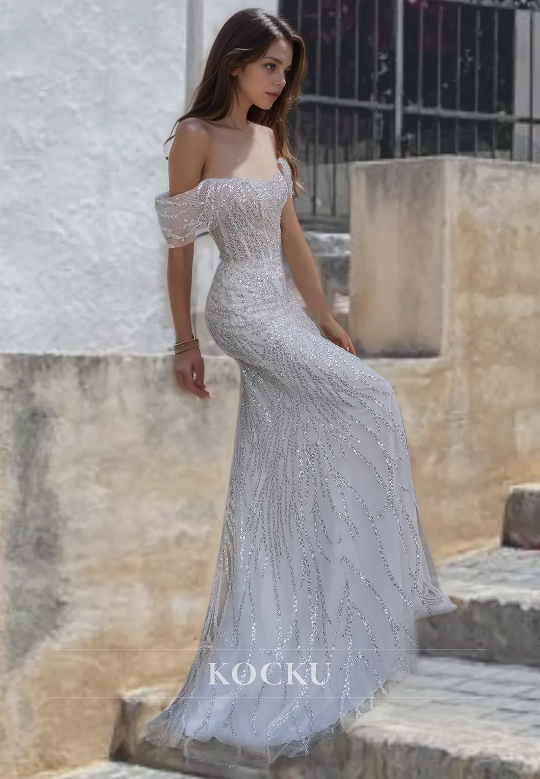 Lace Mermaid Weddding Dress Off-Shoulder  Bridal Dress with Beads