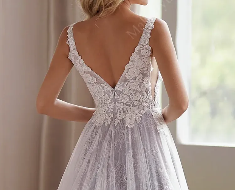 Lavender Plunging-V Beaded Lace Wedding Dress