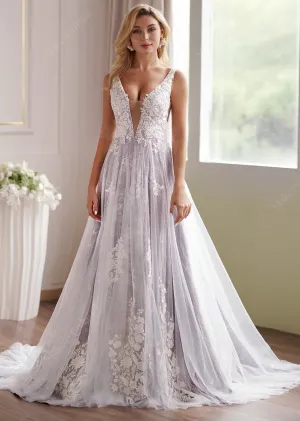 Lavender Plunging-V Beaded Lace Wedding Dress