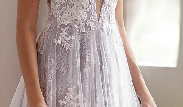 Lavender Plunging-V Beaded Lace Wedding Dress