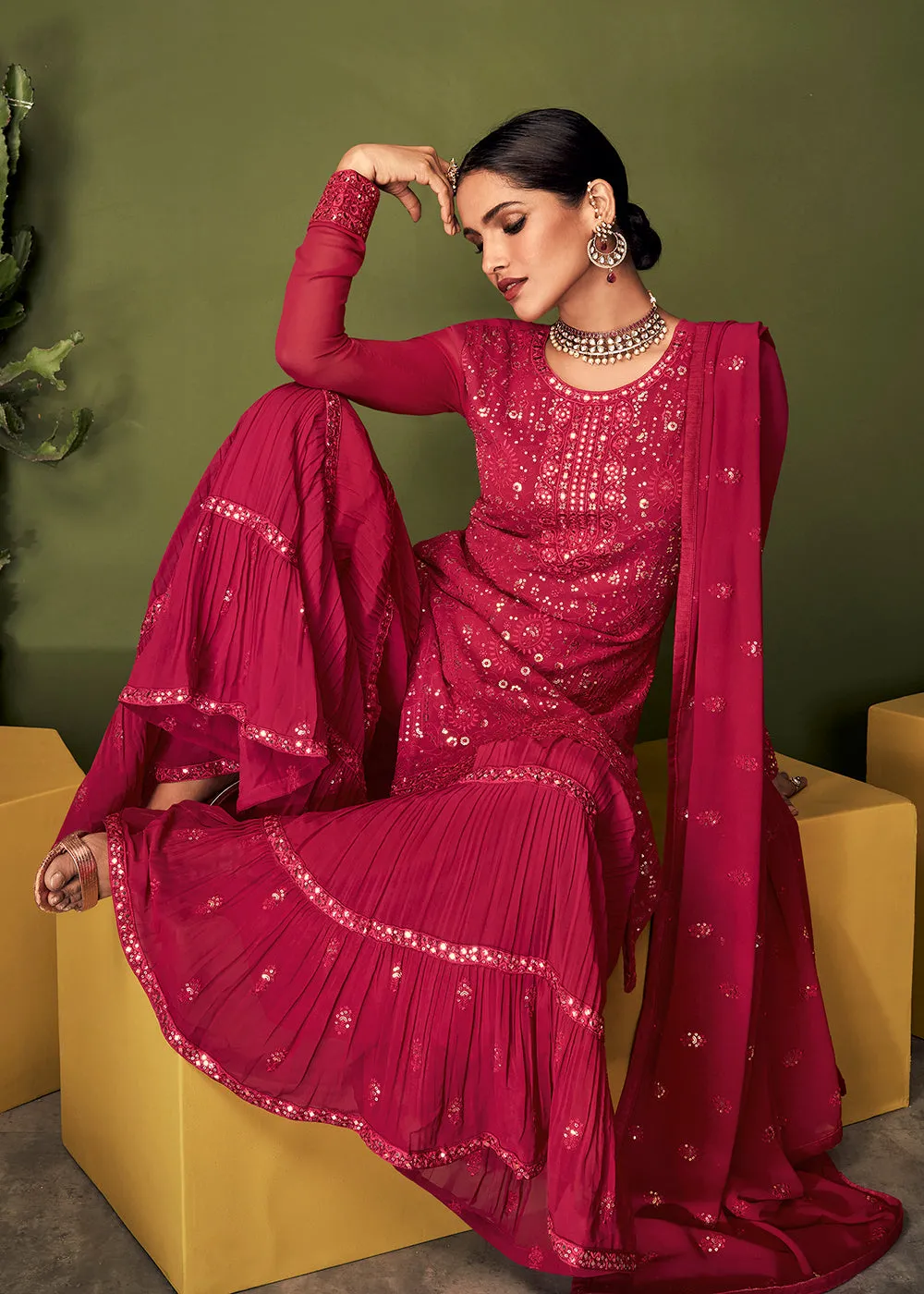 Luxurious Peony Pink Georgette Function Wear Palazzo Suit