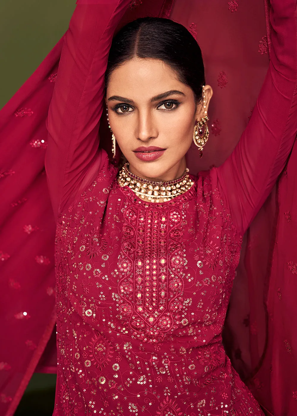 Luxurious Peony Pink Georgette Function Wear Palazzo Suit