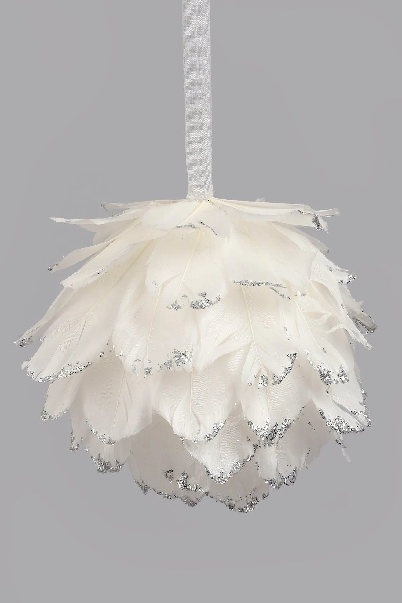 Luxurious White Feather and Silver Glitter Christmas Tree Bauble