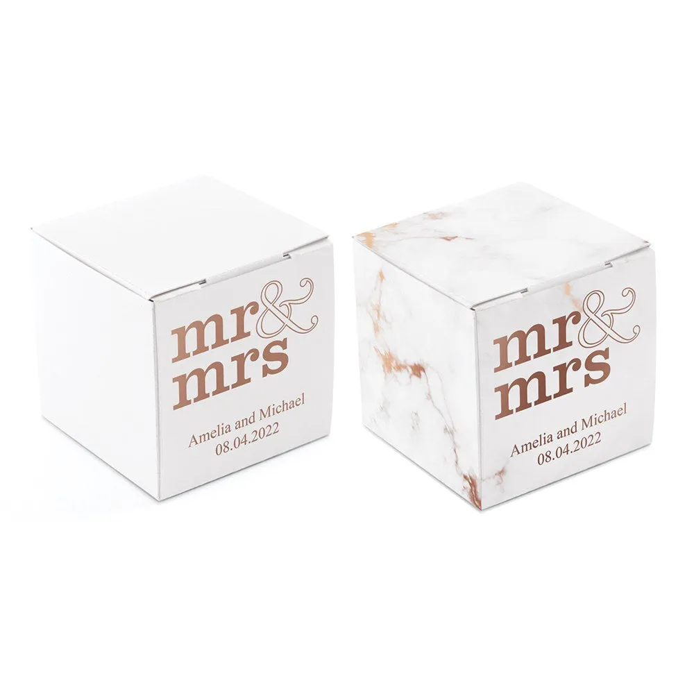 MINI CUSTOM FOIL PRINTED SQUARE PAPER FAVOR BOXES - MR. & MRS