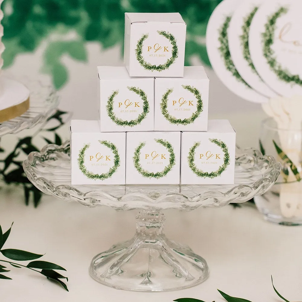 MINI CUSTOM PRINTED SQUARE PAPER FAVOR BOXES - LOVE WREATH INITIAL