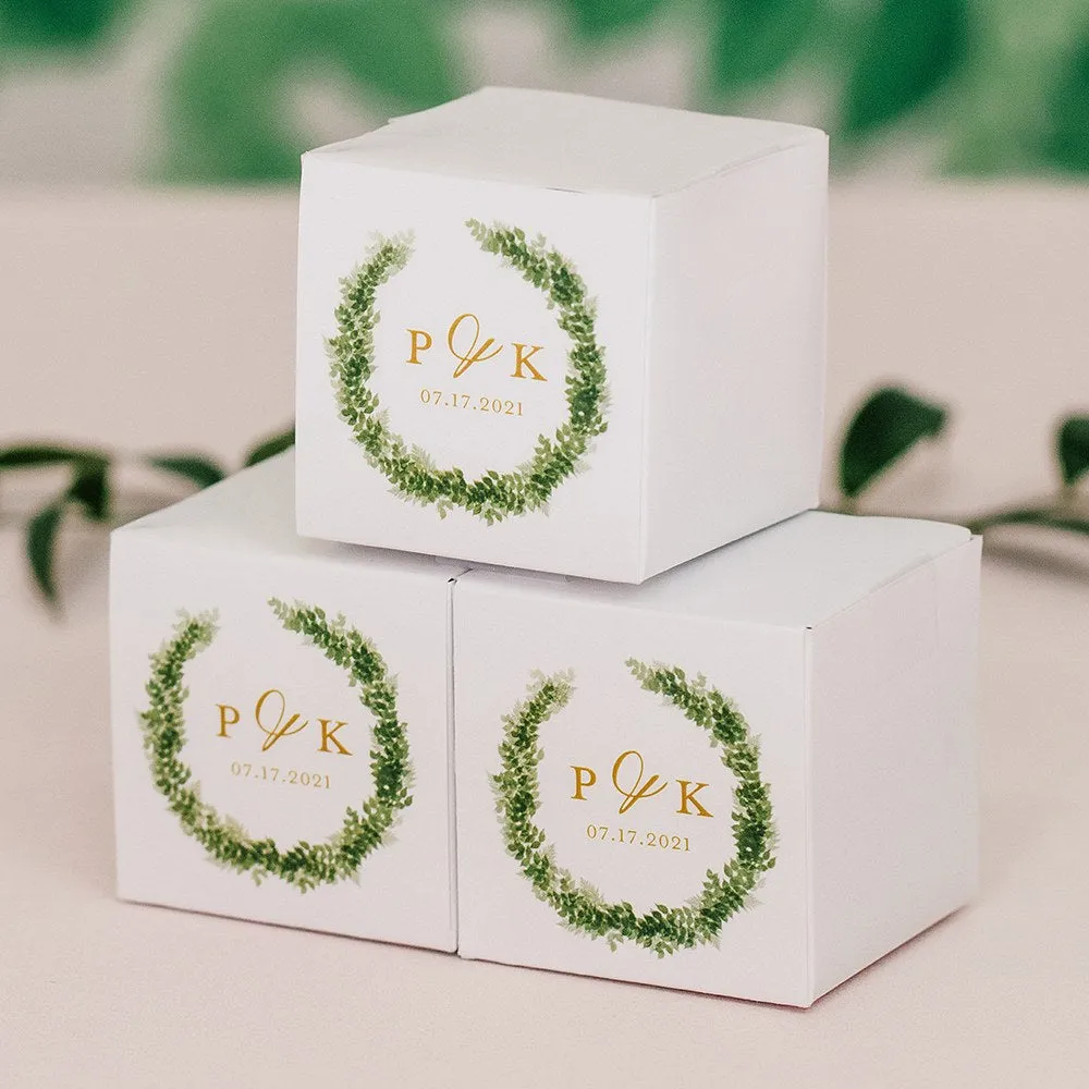 MINI CUSTOM PRINTED SQUARE PAPER FAVOR BOXES - LOVE WREATH INITIAL