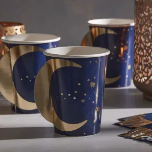 Navy & Gold Pop Out Moon Eid Paper Cups x 8