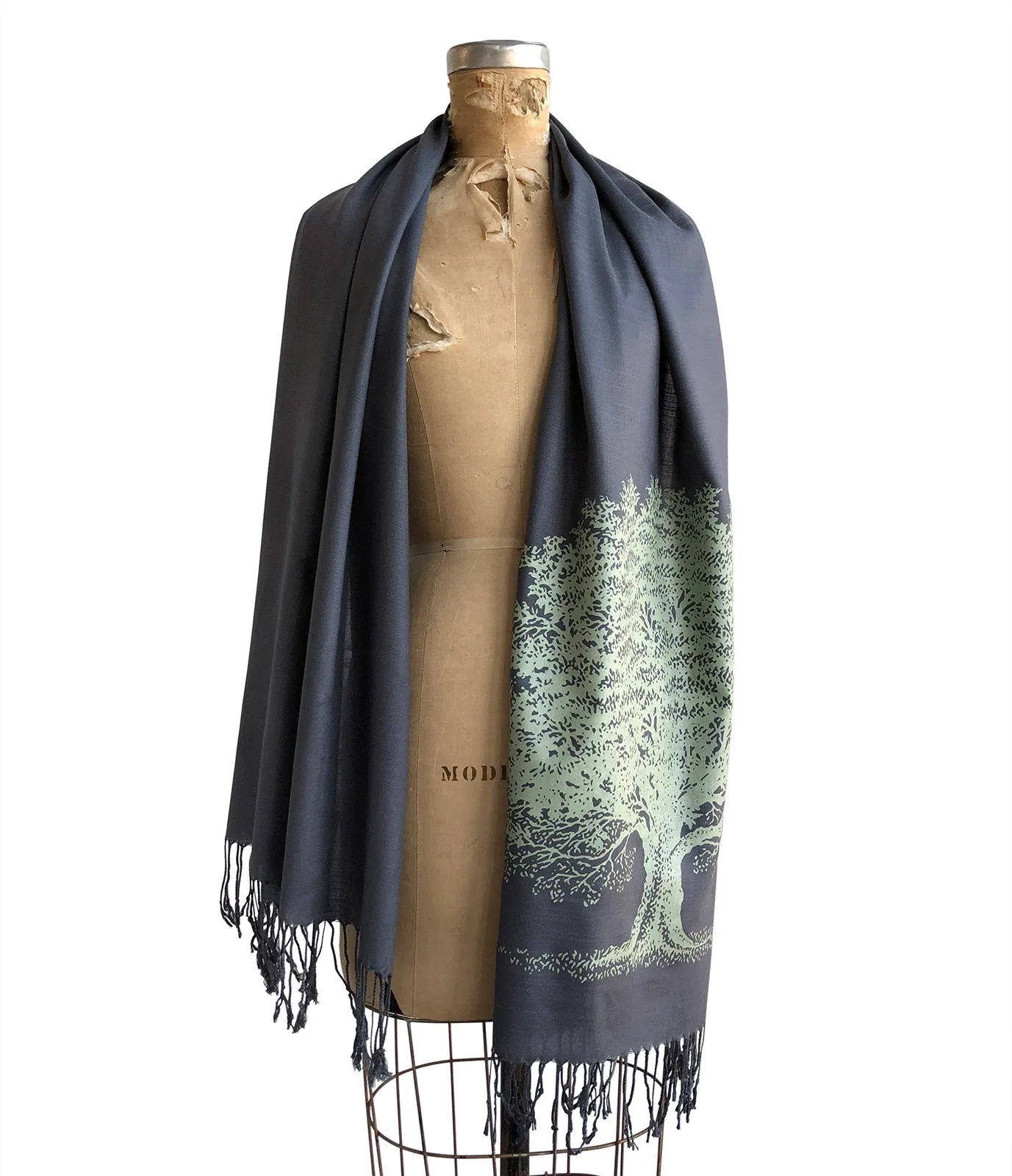 Oak Tree Scarf, Tree Silhouette Linen-Weave Pashmina