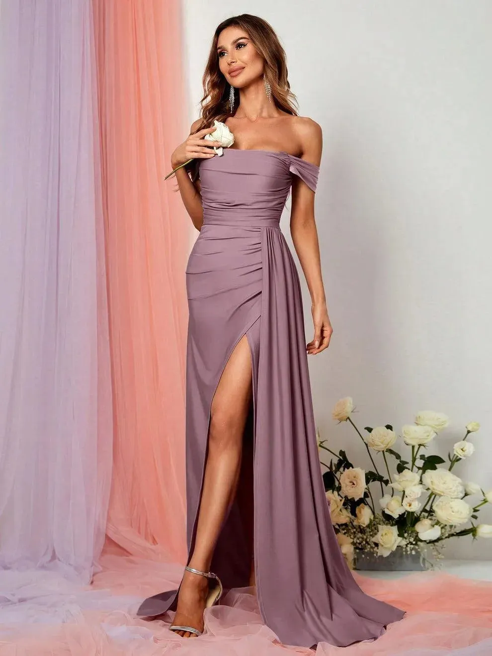 Off Shoulder Split Thigh Draped Side Party Dress