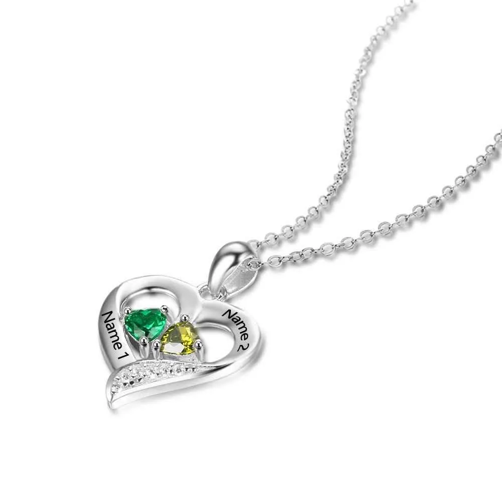 Personalized 925 Sterling Silver 2 Birthstone Necklace Pendants Engraved Heart BirthStones Necklace Mom Gift