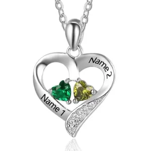 Personalized 925 Sterling Silver 2 Birthstone Necklace Pendants Engraved Heart BirthStones Necklace Mom Gift