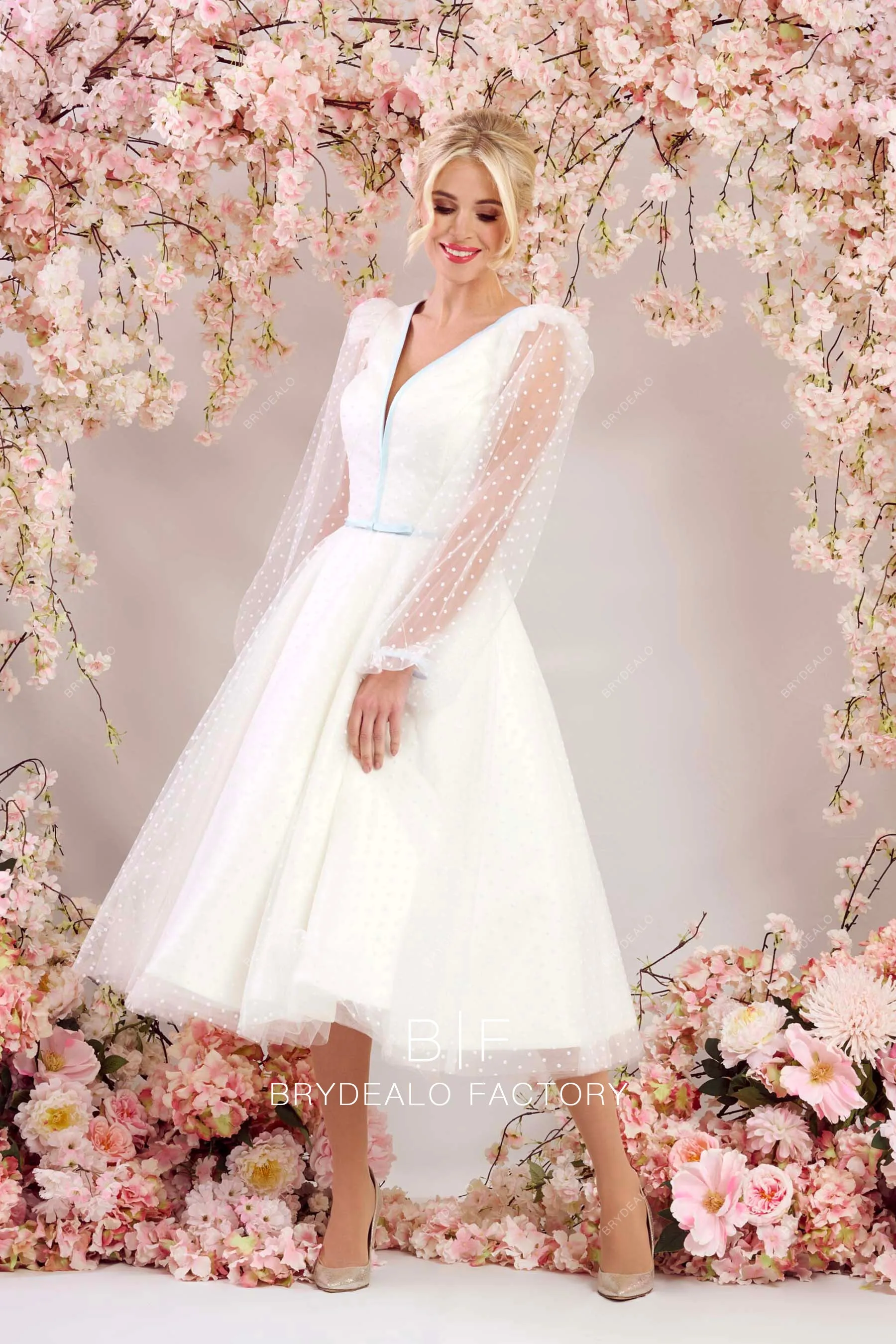 Plunging V-neck Sheer Sleeves Timeless Polka Dot Tulle Short Bridal Dress