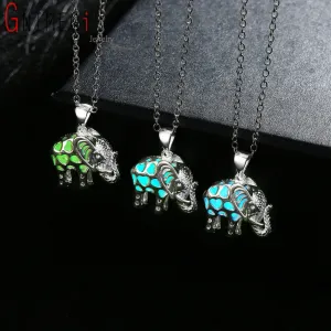 "Drop Shipping" Glowing Jewelery Glow in the Dark Locket Silver Luminous Stone Animal Thailand Elephant Pendant Necklace Gifts