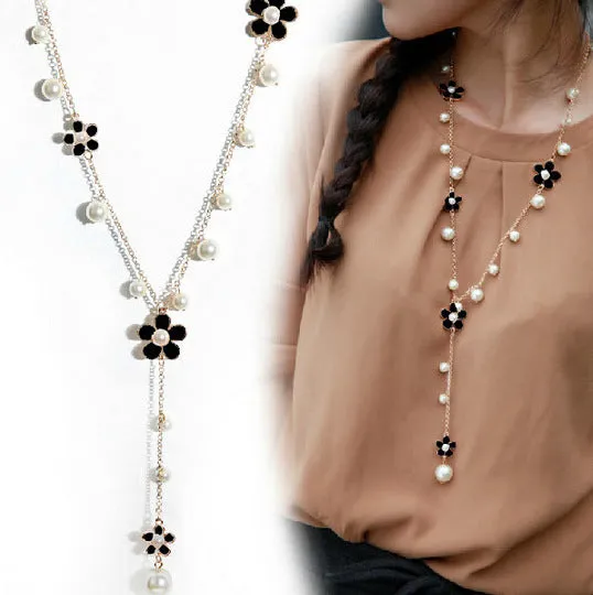 RAVIMOUR Flower Long Necklace for Women Fashion Simulated Pearl Jewelry Tassel Perlas Necklaces & Pendants Bijoux Femme Perle