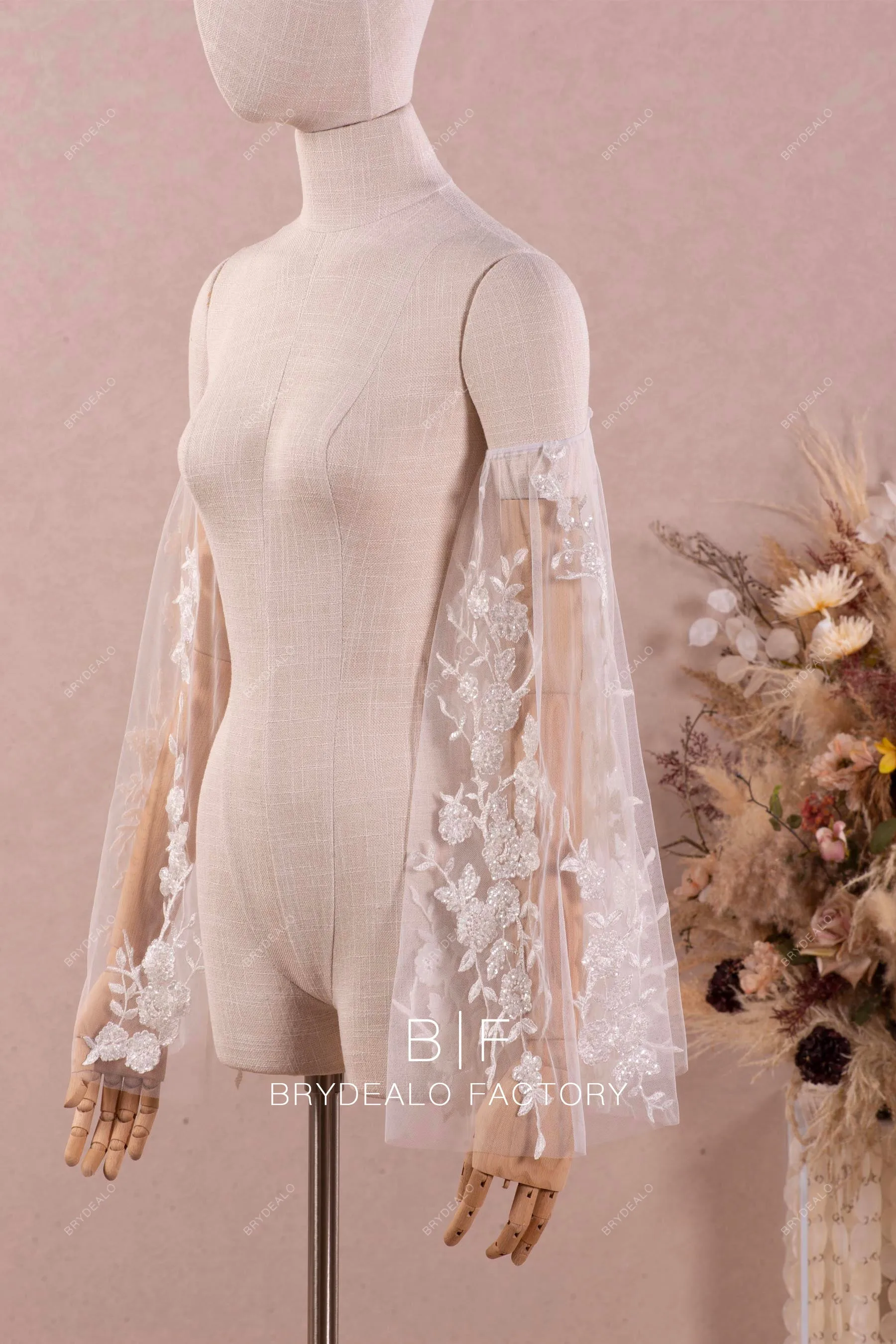 Removable Shimmery Flower Lace Bridal Bell Sleeves Online