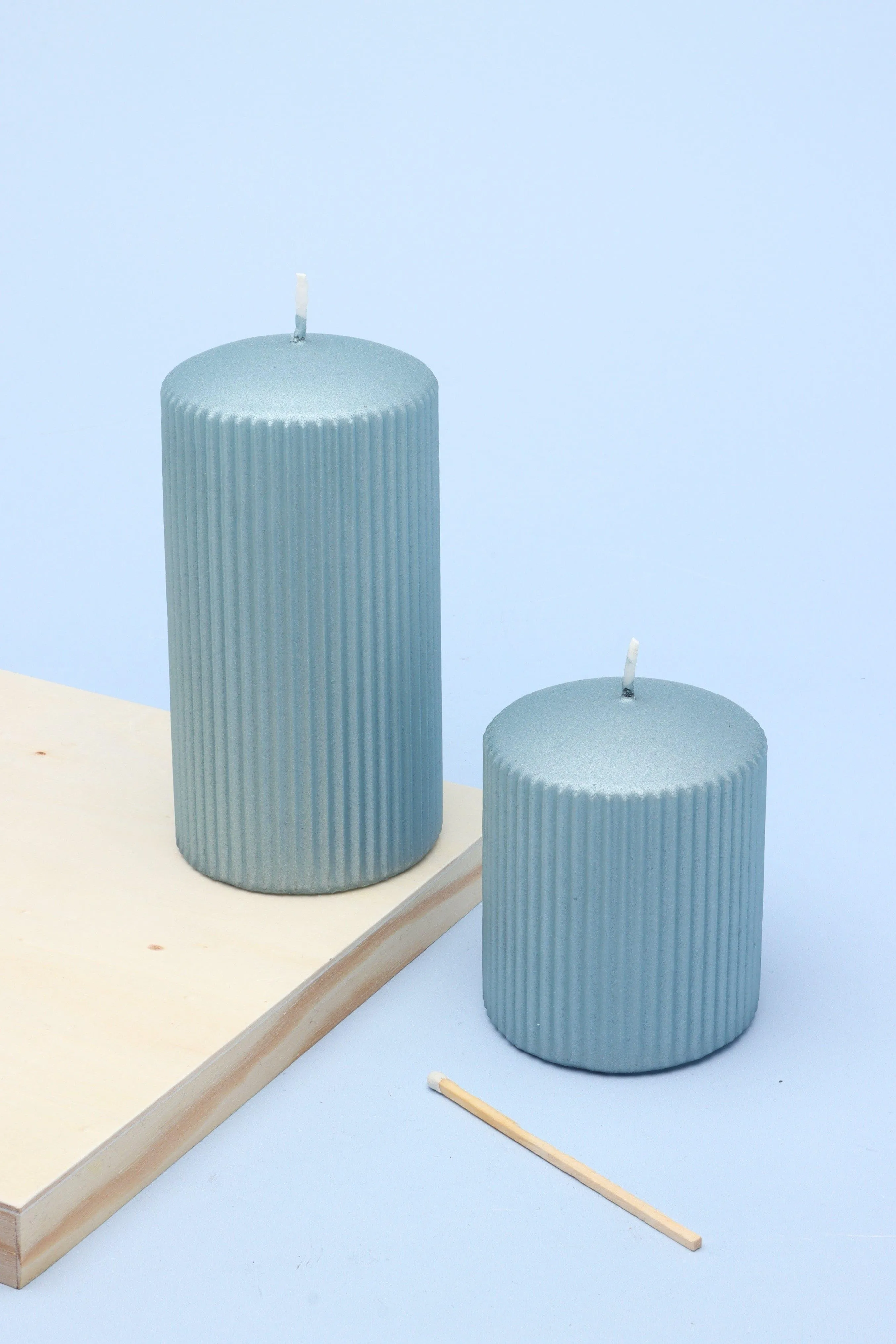 Ribbed Blue Pillar Shimmer Candle