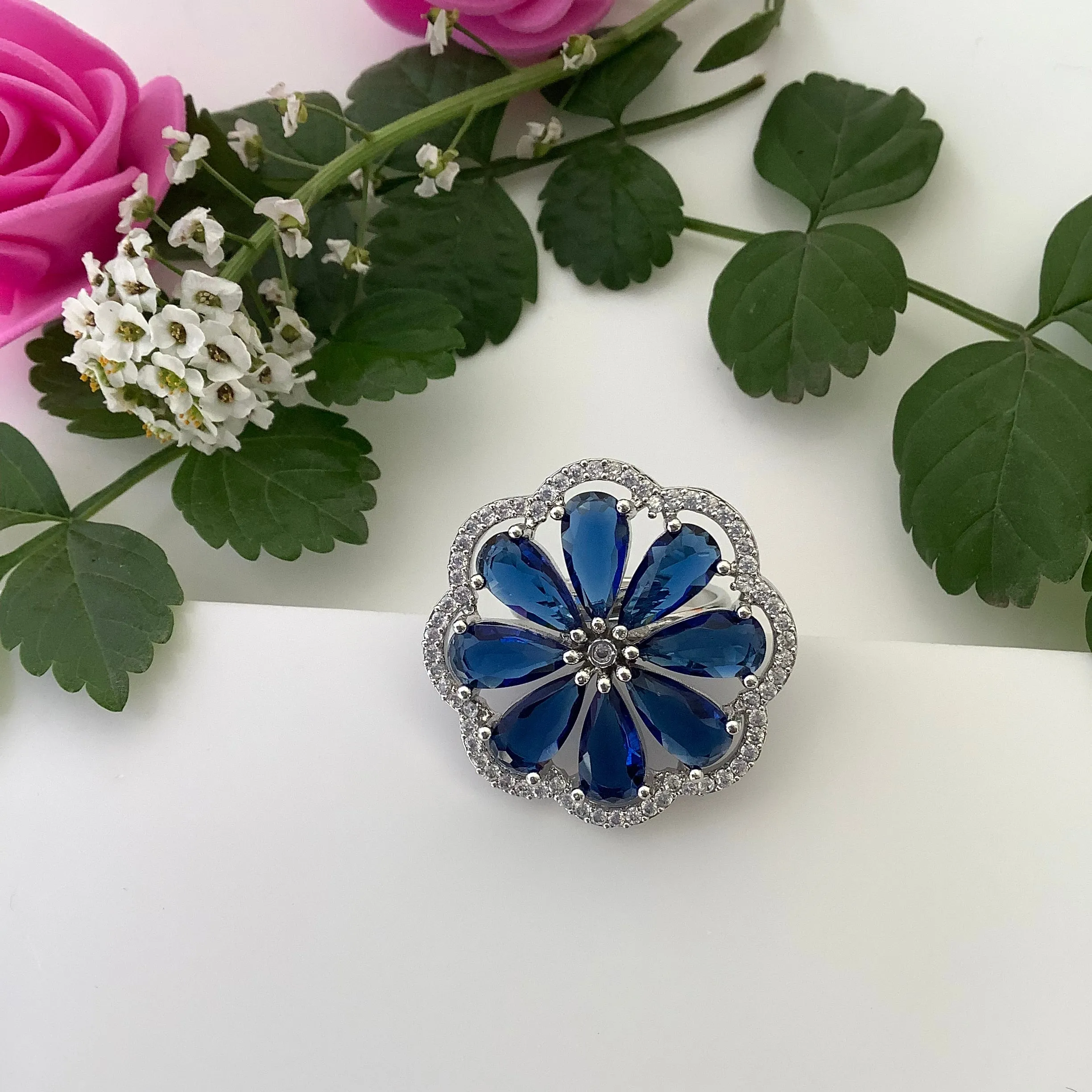 Salvanity - American Diamond Red Petal/Blue Petal Finger Rings Adjustable