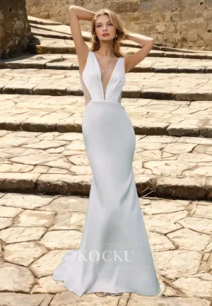 Scoop Neck Sleeeveless Sweep Train Satin Wedding Dress with Beaded Bridal Gowns