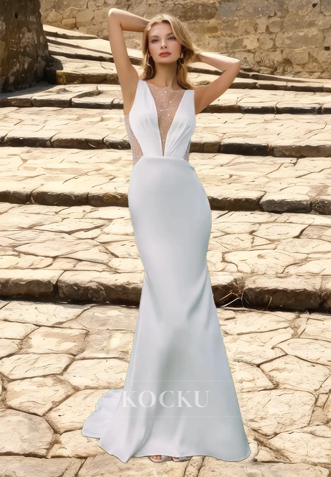 Scoop Neck Sleeeveless Sweep Train Satin Wedding Dress with Beaded Bridal Gowns