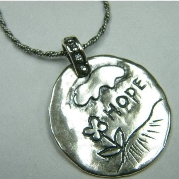 Sterling Silver necklace engraved "hope" flower drawing jewelry