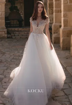 V-Neck A-Line Off-Shoulder Sleeveless Beaded Appliques Lace Wedding Dress with Train Bridal Gowns