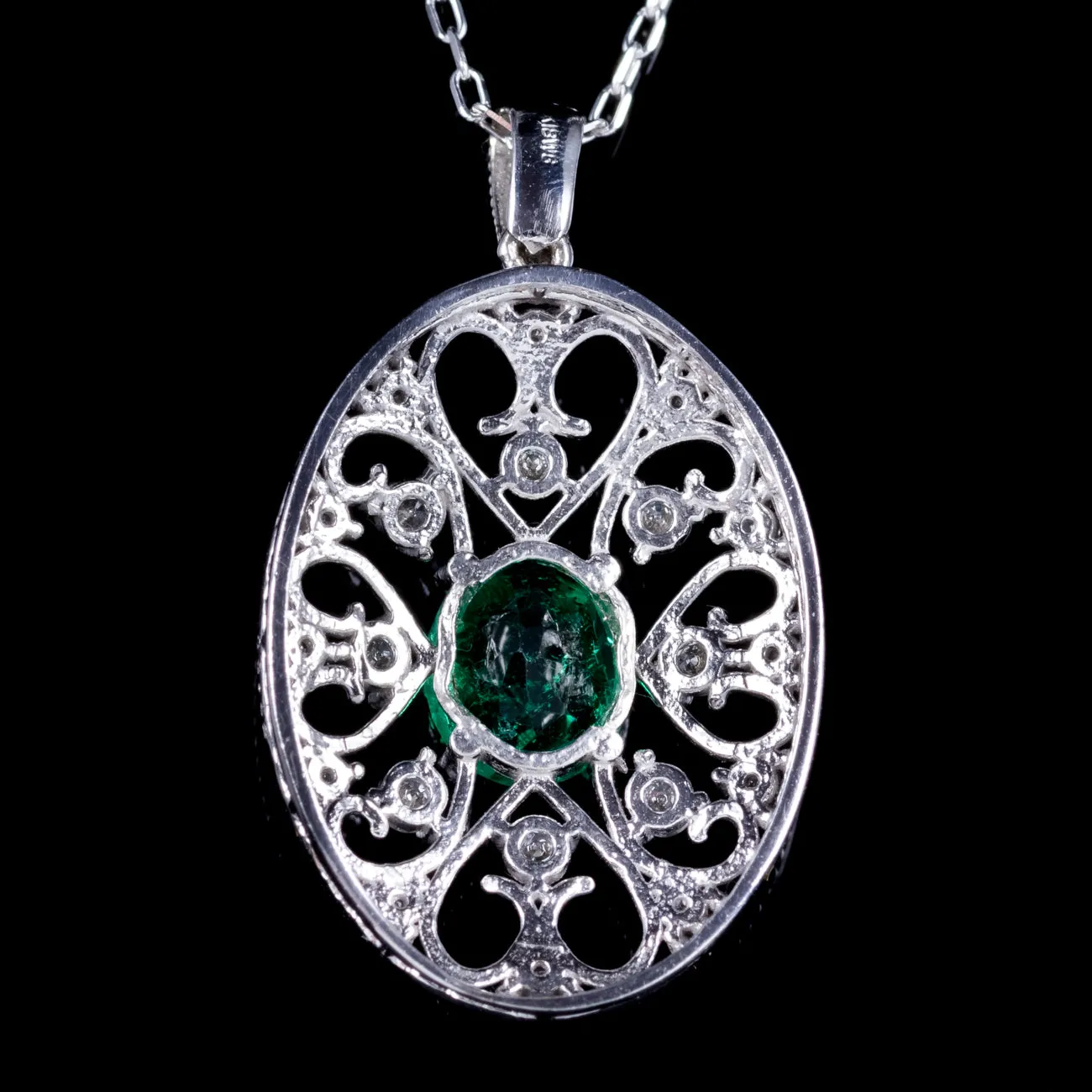 Vintage Emerald Diamond Pendant Necklace 18Ct White Gold