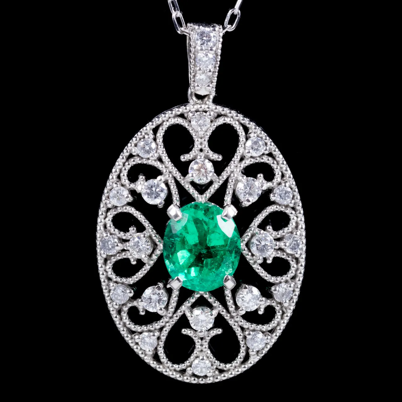 Vintage Emerald Diamond Pendant Necklace 18Ct White Gold