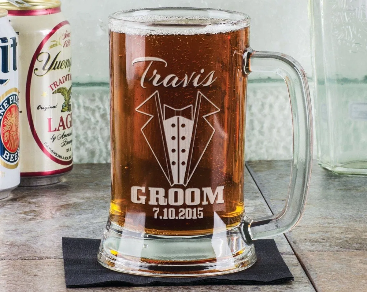 Wedding Party Gifts for Groomsmen 16 Oz Beer Glass Engraved Mugs for Groomsman Best Man Groom Father of the Bride Groom Bulk Discount Stein