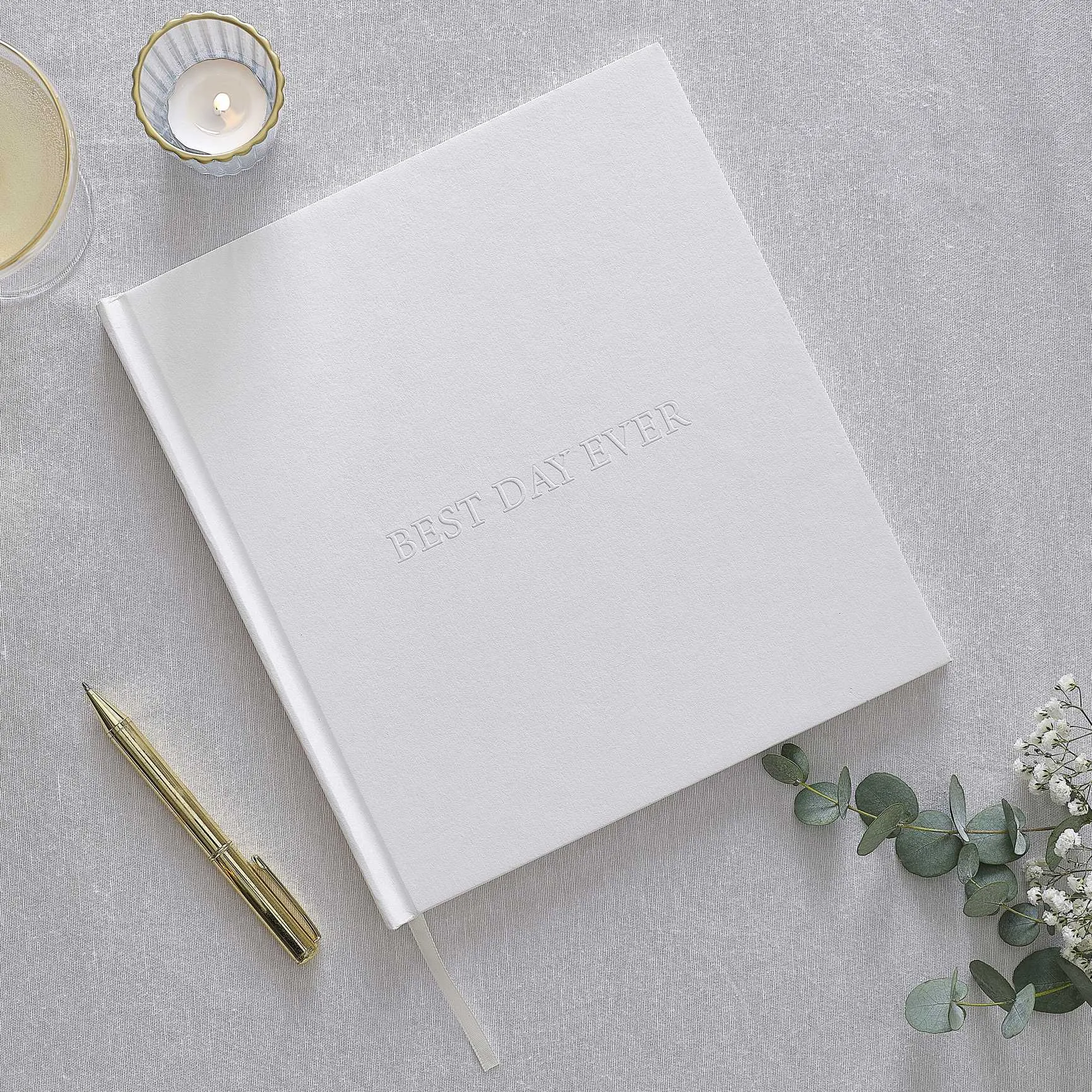 White Embossed Best Day Ever Wedding Photo Album