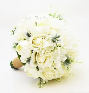 Winter Wedding Grey White Bridal or Bridesmaid Bouquet Real Touch Roses Peonies Lily of Valley - add Groom or Groomsman Boutonniere & More!