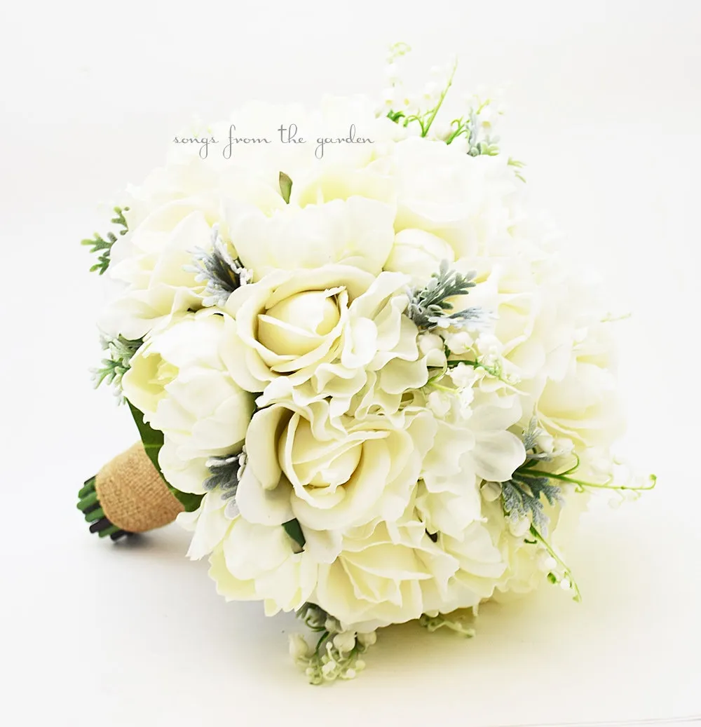 Winter Wedding Grey White Bridal or Bridesmaid Bouquet Real Touch Roses Peonies Lily of Valley - add Groom or Groomsman Boutonniere & More!