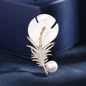 Women's Pearl Shell Feather Brooch